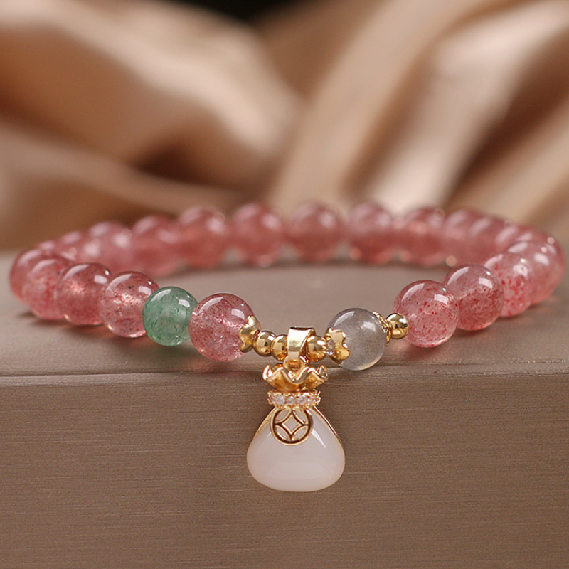 White Jade Lotus Strawberry Crystal Bracelet