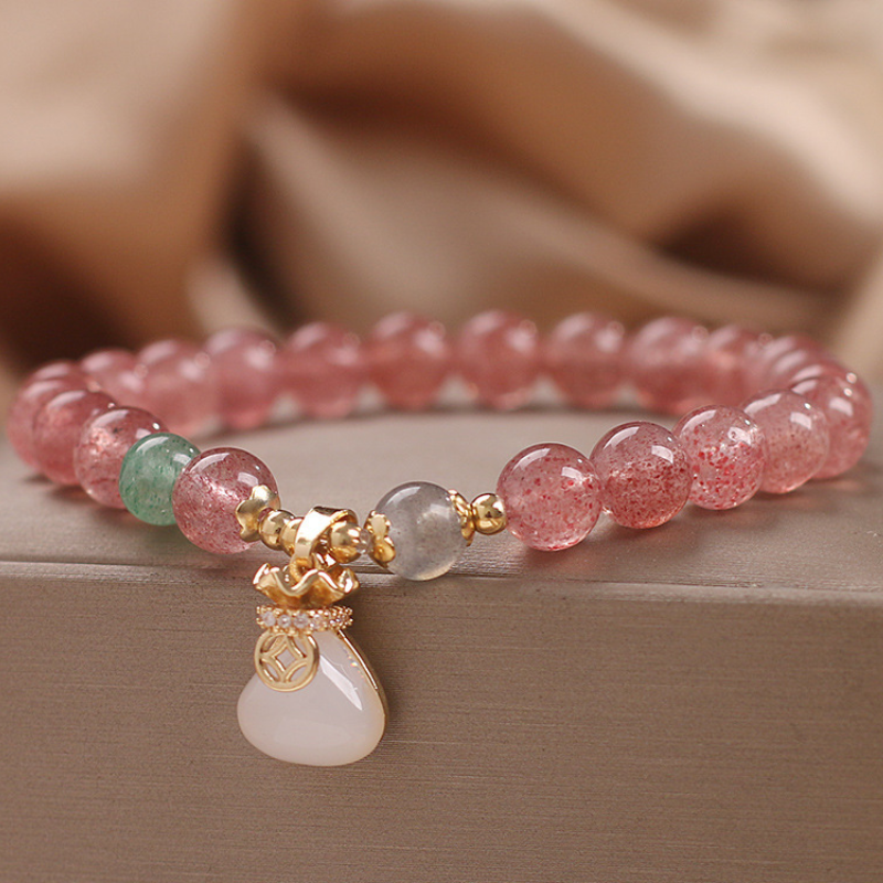 White Jade Lotus Strawberry Crystal Bracelet