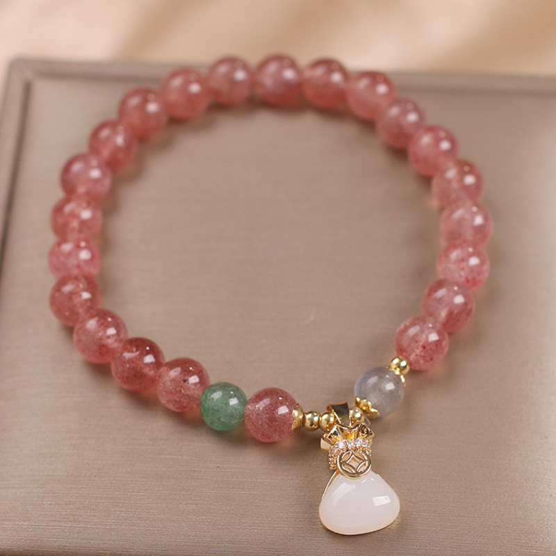 White Jade Lotus Strawberry Crystal Bracelet