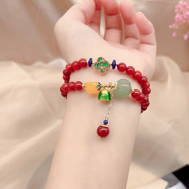 Pumpkin • Red Agate Emerald jade stone double circle bracelet