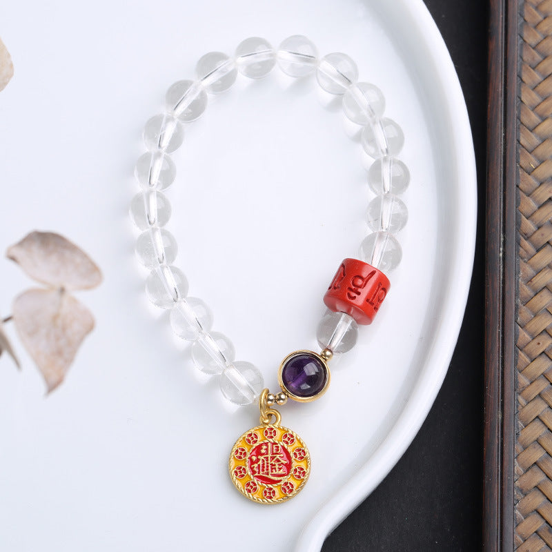 The Six-Character Mantra • Colorless Crystal & Cinnabar Bracelet