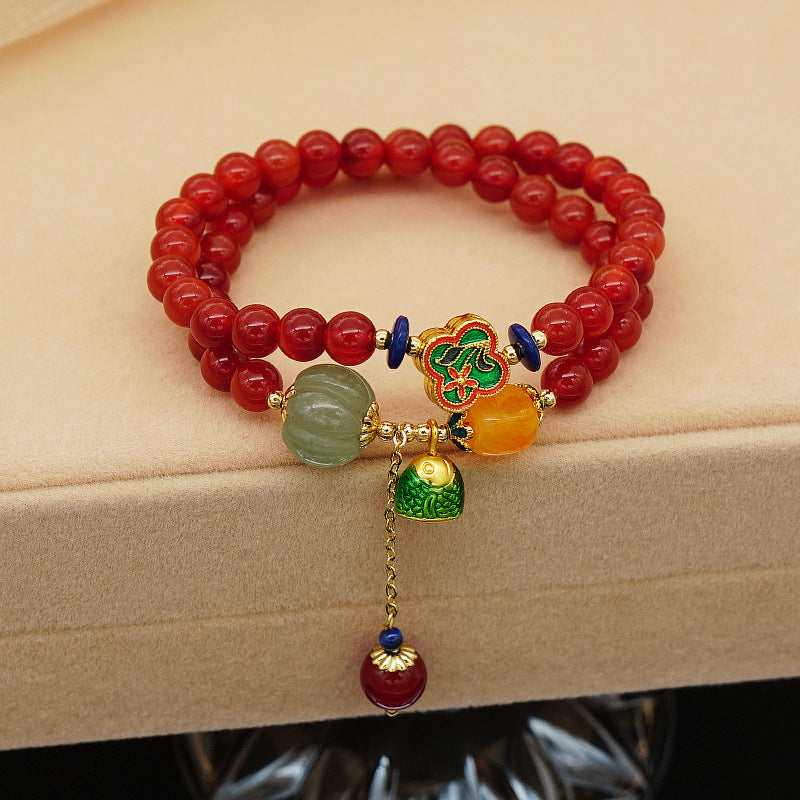 Pumpkin • Red Agate Emerald jade stone double circle bracelet